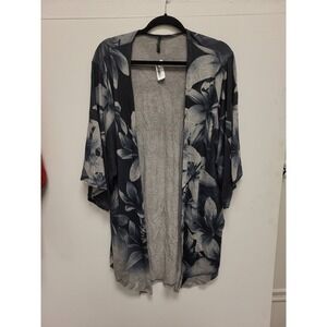Poliana Plus Size 2XL Cardigan Floral Print Open Front Kimono Style Gray Black